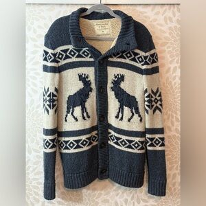 VTG 90s Abercrombie AF Men’s M Navy Blue Fair Isle Deer Sherpa Cardigan Sweater
